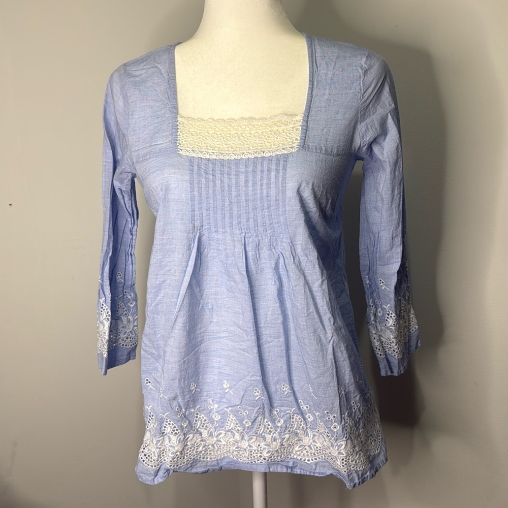 Roberta Roller Rabbit Peasant Blouse White Blue Popover Xsmall XS Pintuck